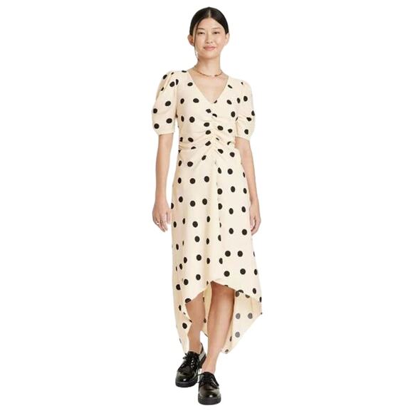 NEW A New Day Short Sleeve Midi Dress Cream Black Polka Dot Large - Picture 2 of 5